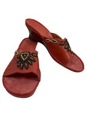 Clarks Artisan Empress Womens Coral Leather Beaded Slip On Wedge Sandals SZ 7.5